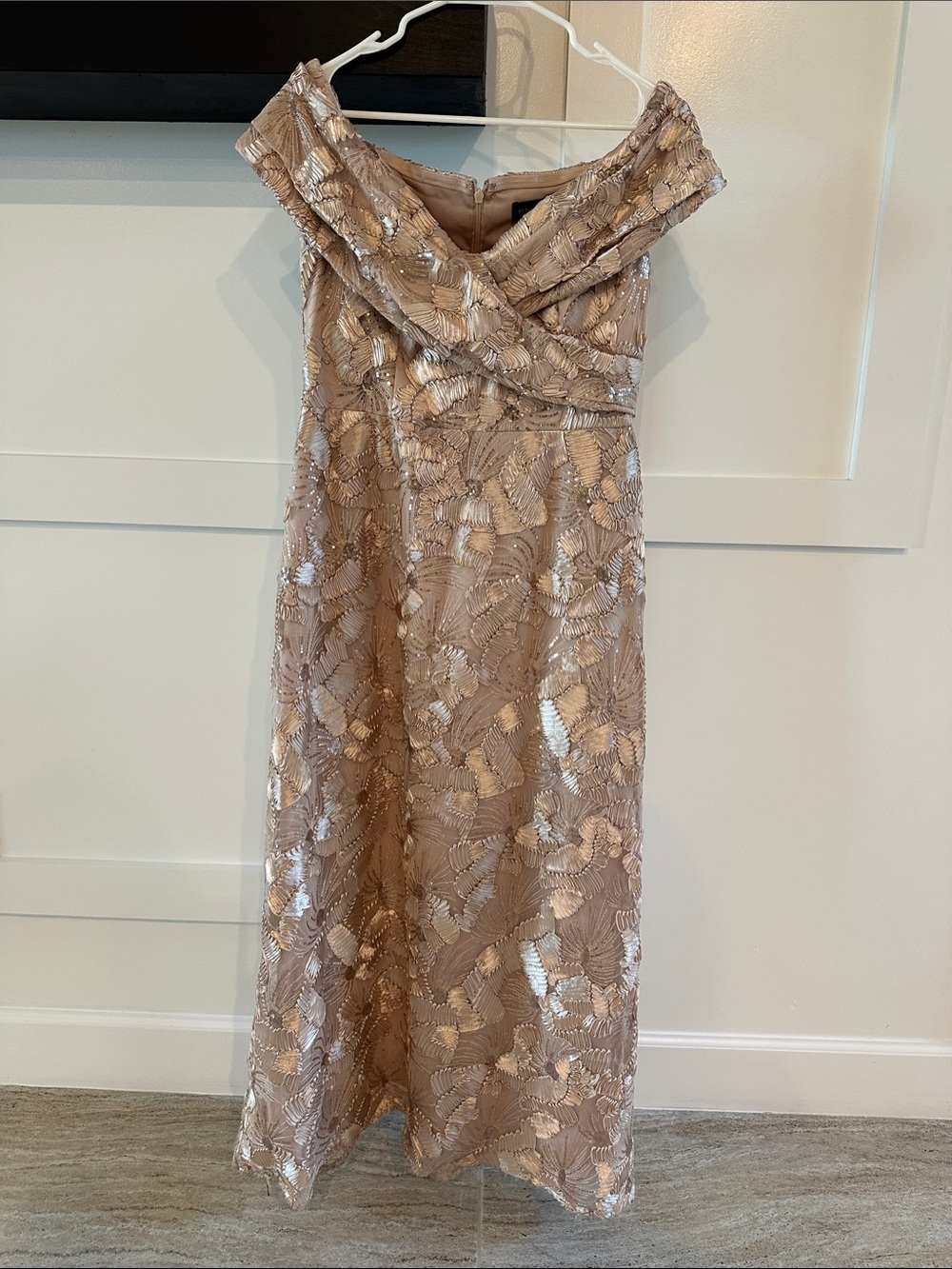 Betsy & Adam Champagne Sequin Off-Shoulder Maxi Dress